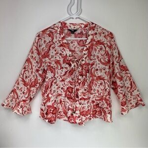 Frye Women's Paisley Split Tie Neck 3/4” sleeve ruffled Blouse Size: Medium